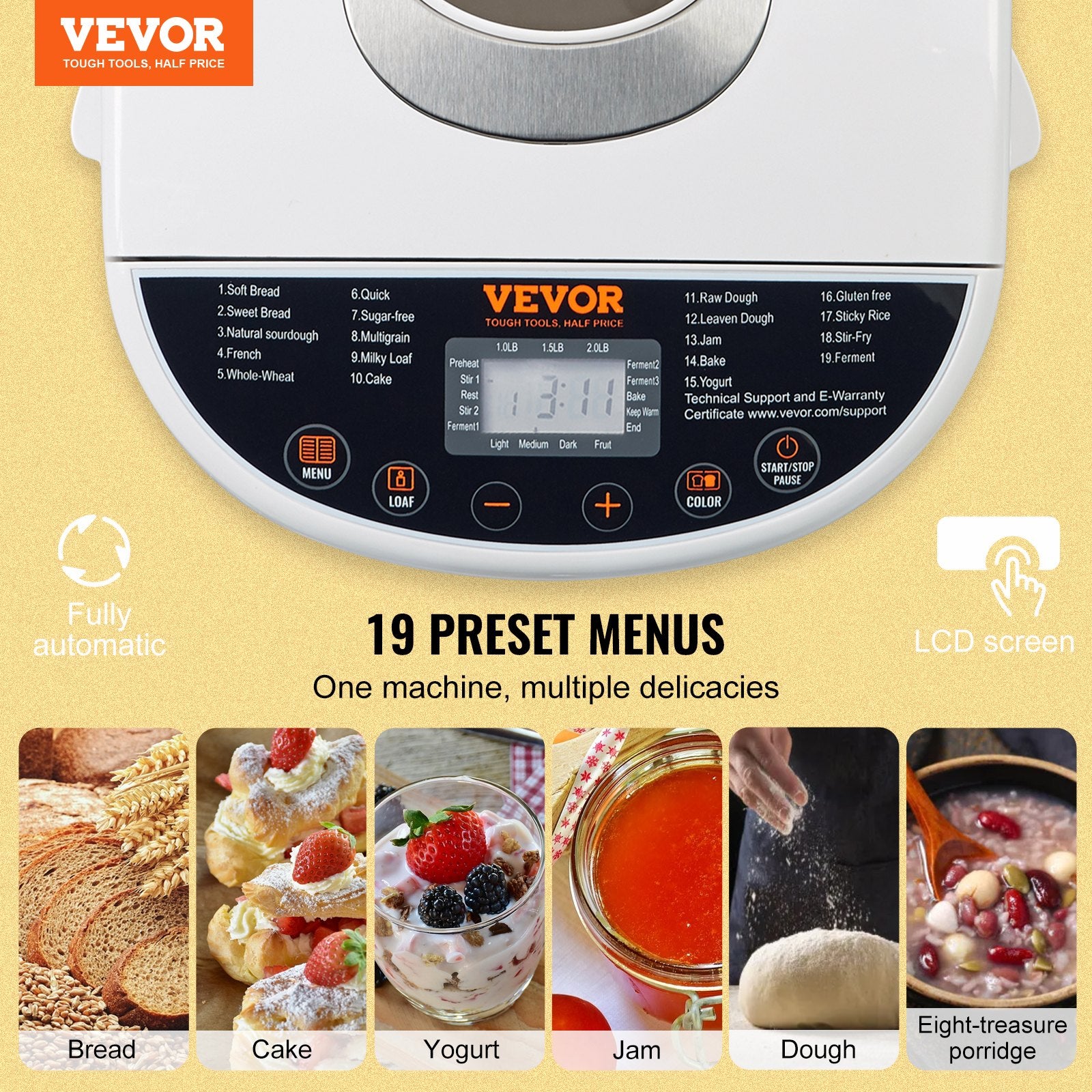 Bread Maker, 19-in-1 2LB Dough Machine, Nonstick Ceramic Pan Automatic Breadmaker With Gluten Free Setting, Whole Wheat Bread Making, Digital, Programmable, 3 Loaf Sizes, 3 Crust Colors, White